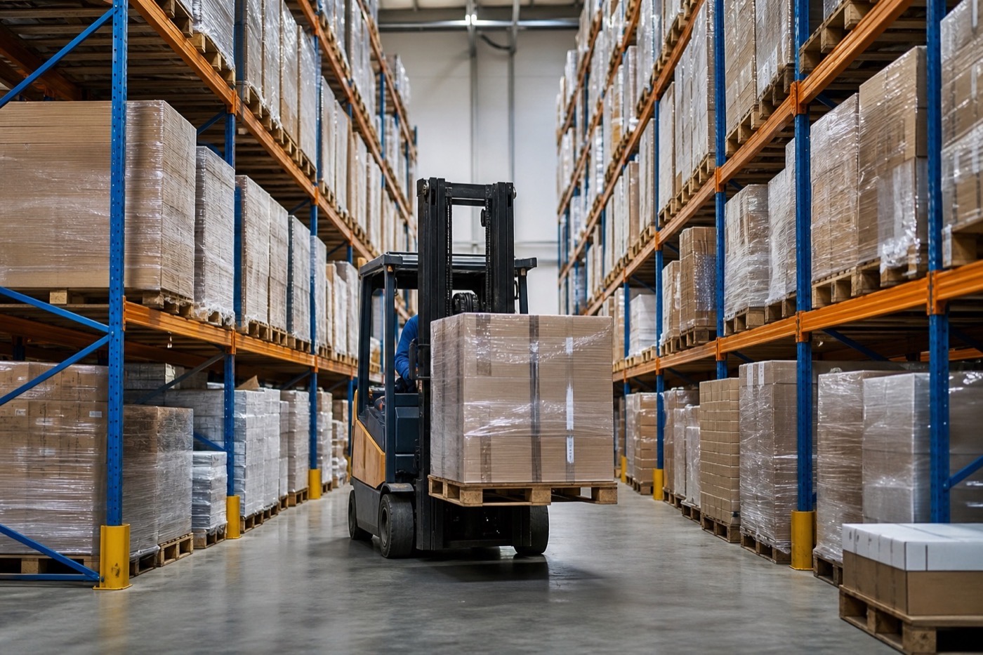 Forklift moving pallets through a warehouse aisle for warehouse monitoring