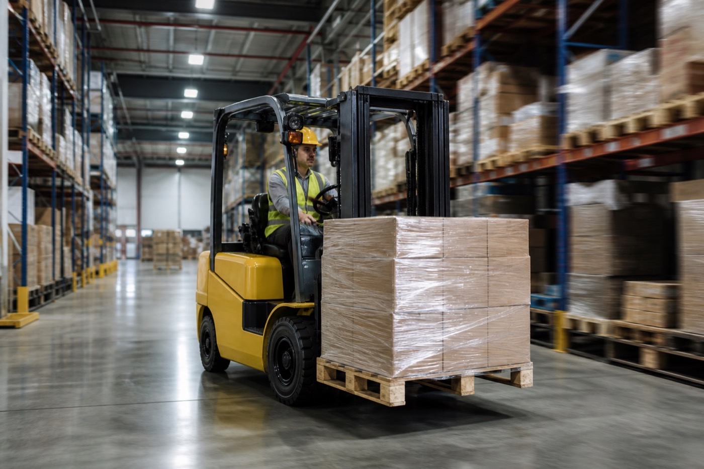 Yellow forklift transporting a pallet through a busy warehouse aisle