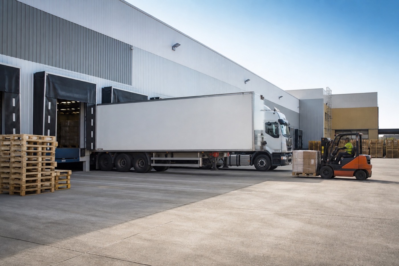 Truck at a warehouse loading dock with forklift and pallets ready for loading monitoring
