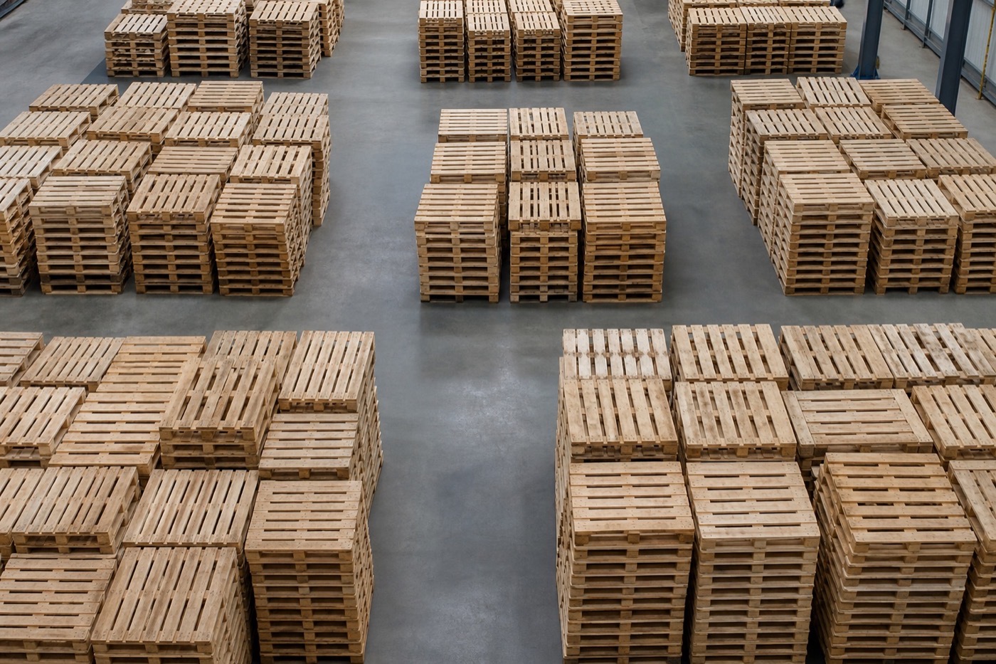 Rows of wooden pallets staged on a warehouse floor for automatic asset counting