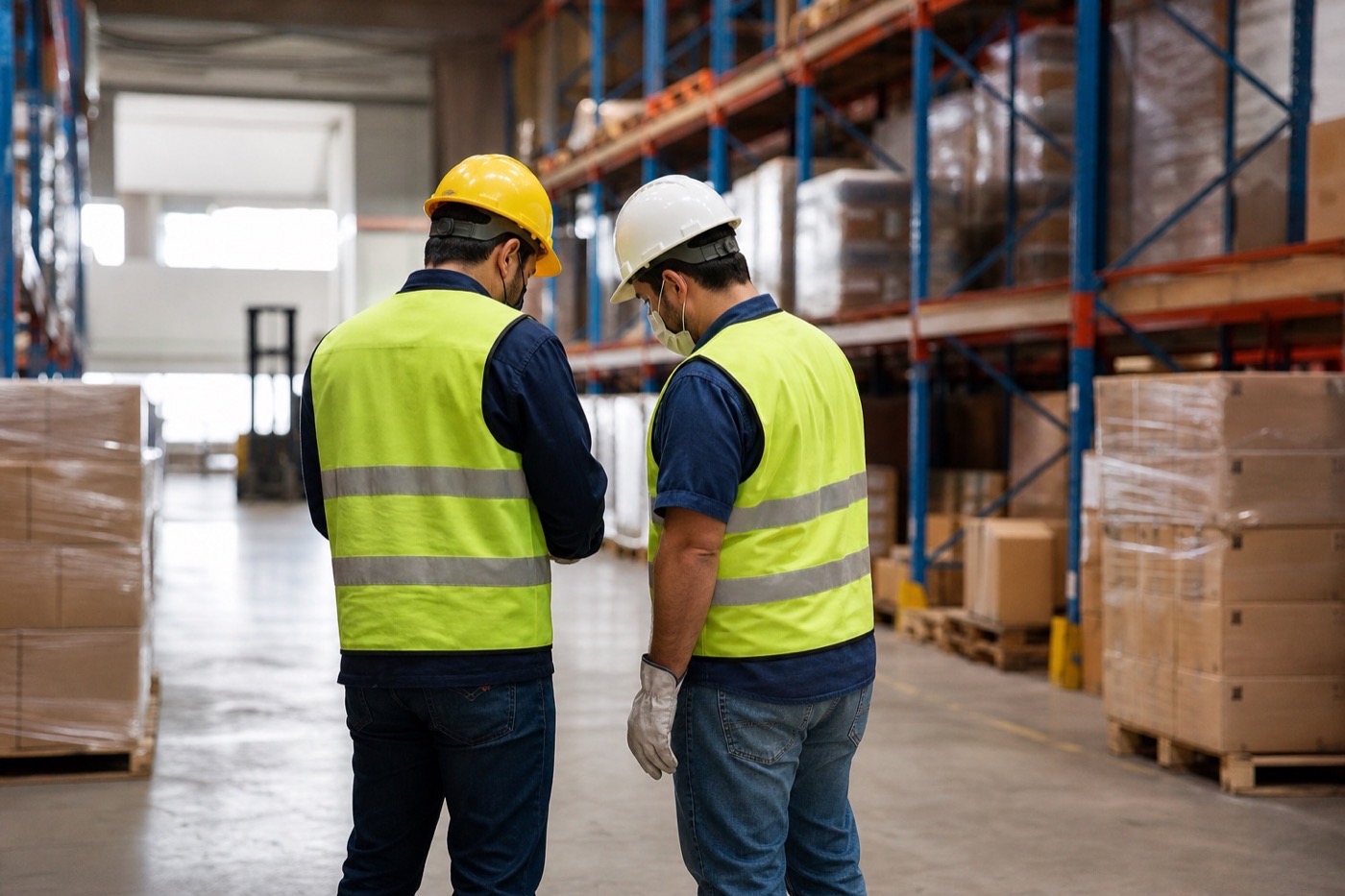 Warehouse workers wearing hard hats and high-visibility vests checked for protective gear