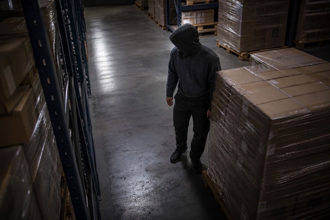 Night-time warehouse aisle with suspicious activity near inventory shelves