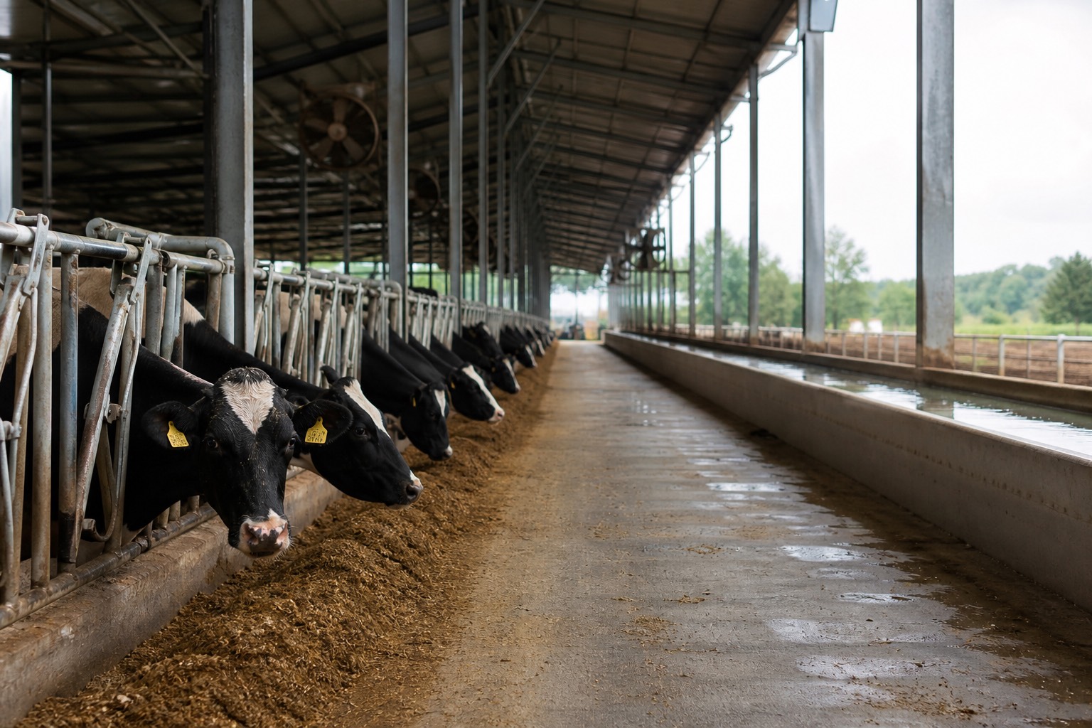 Commercial livestock barn aisle with operational camera coverage