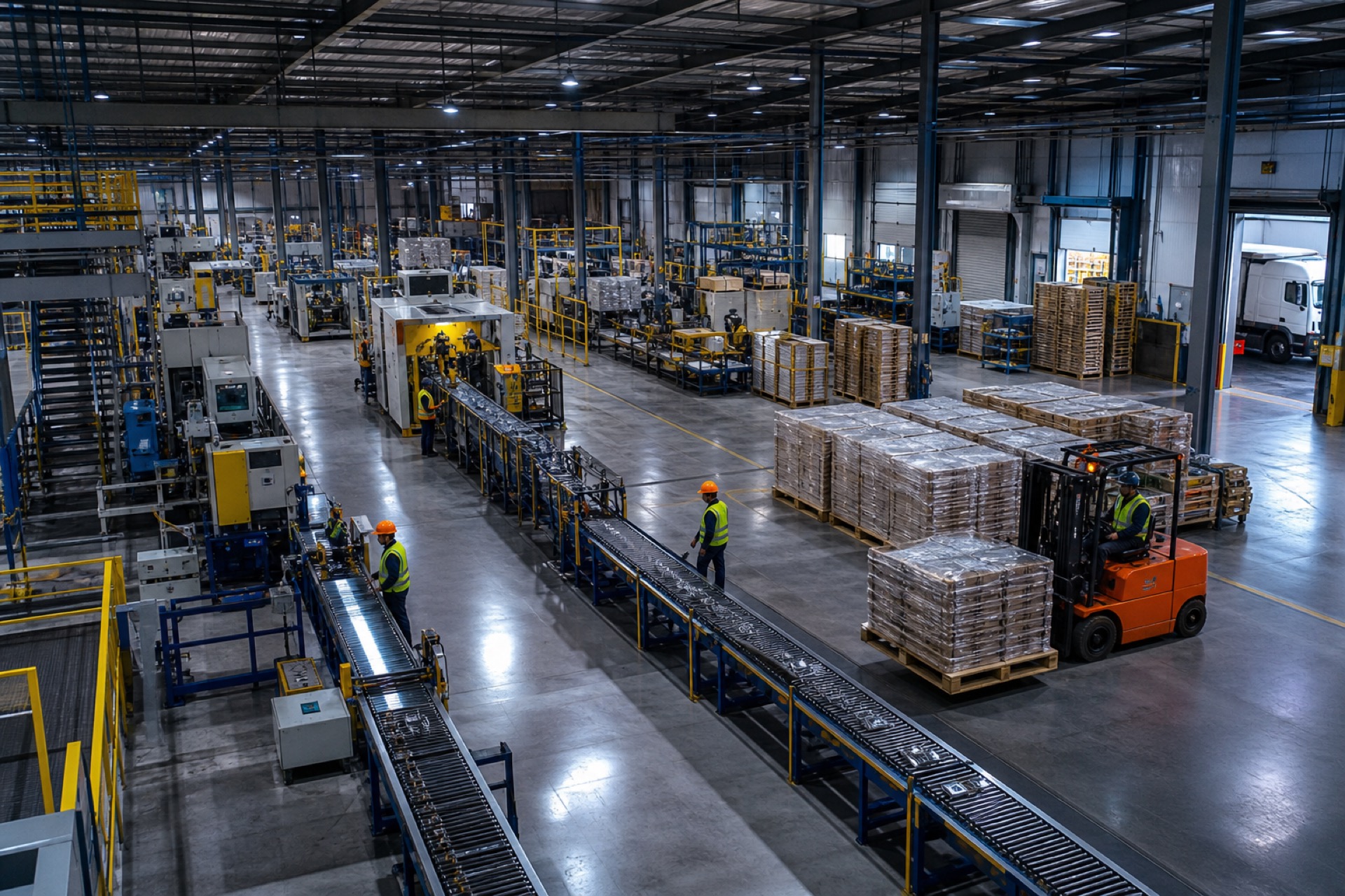 Modern manufacturing plant floor with automated production equipment