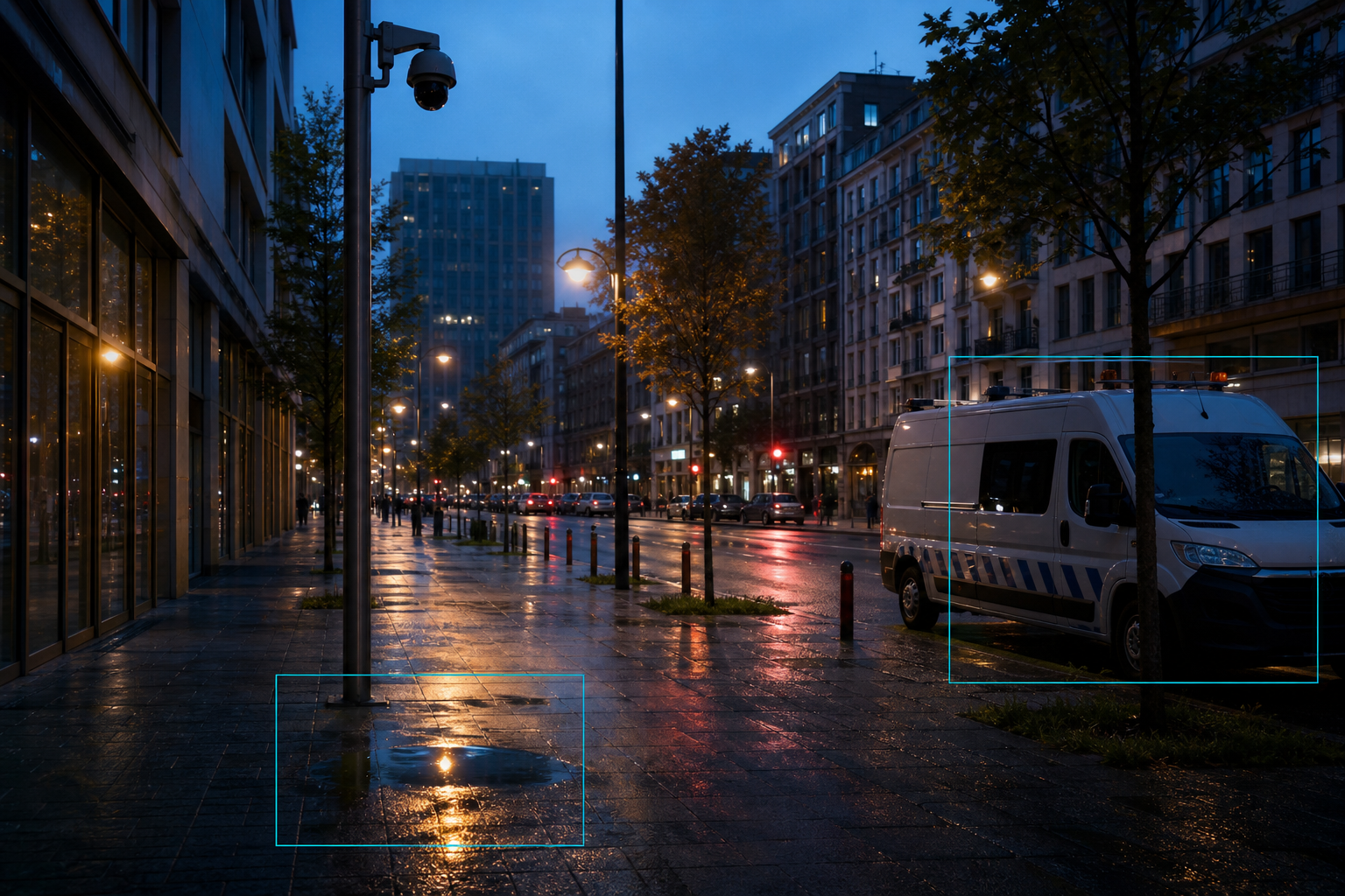 City street with municipal cameras and public infrastructure operations