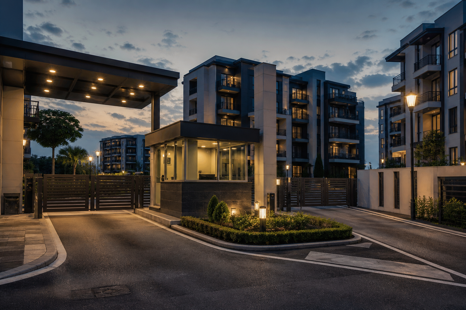 Gated residential community entrance with operational camera coverage