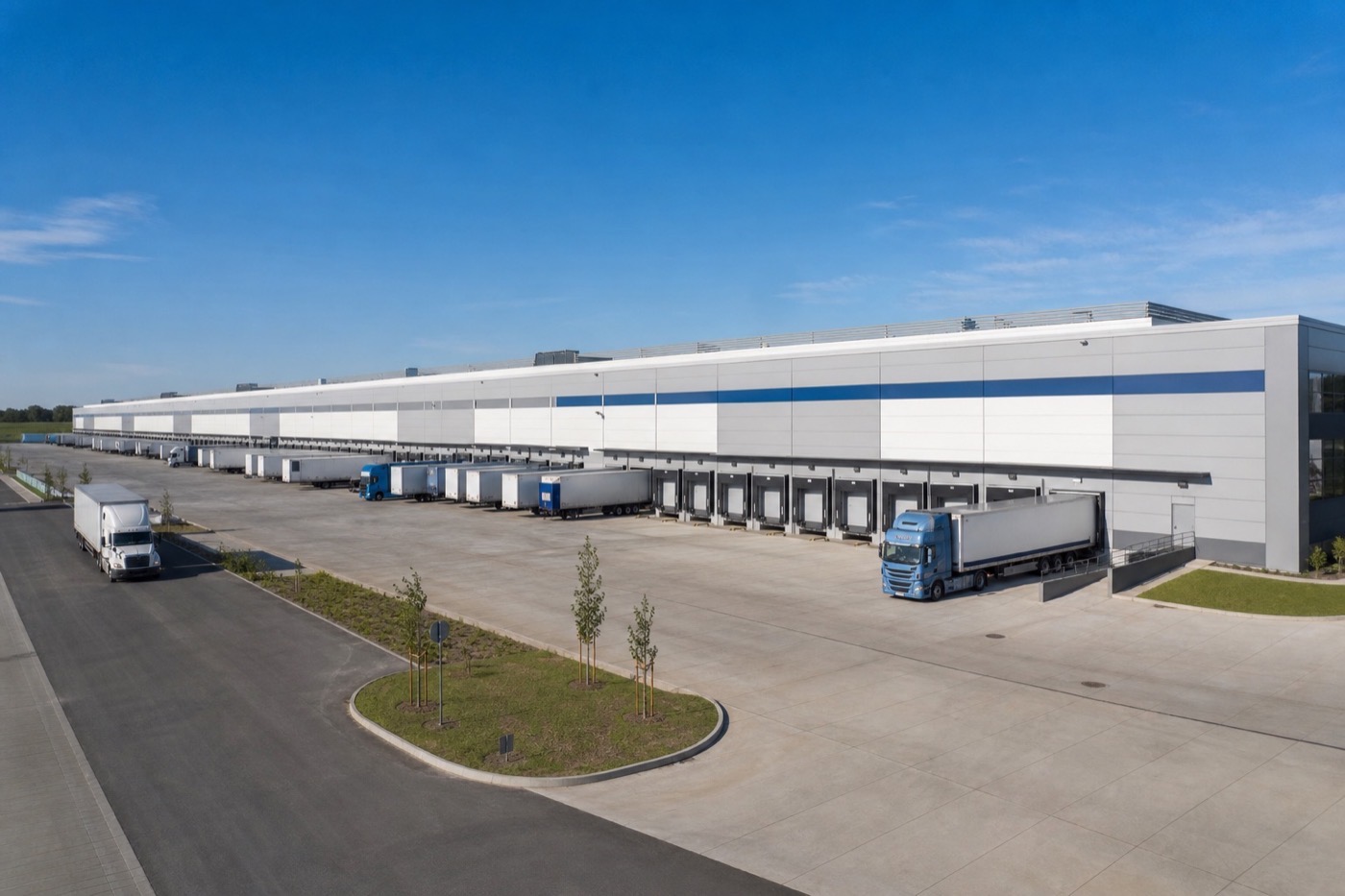 Modern warehouse distribution center with loading bays and trucks