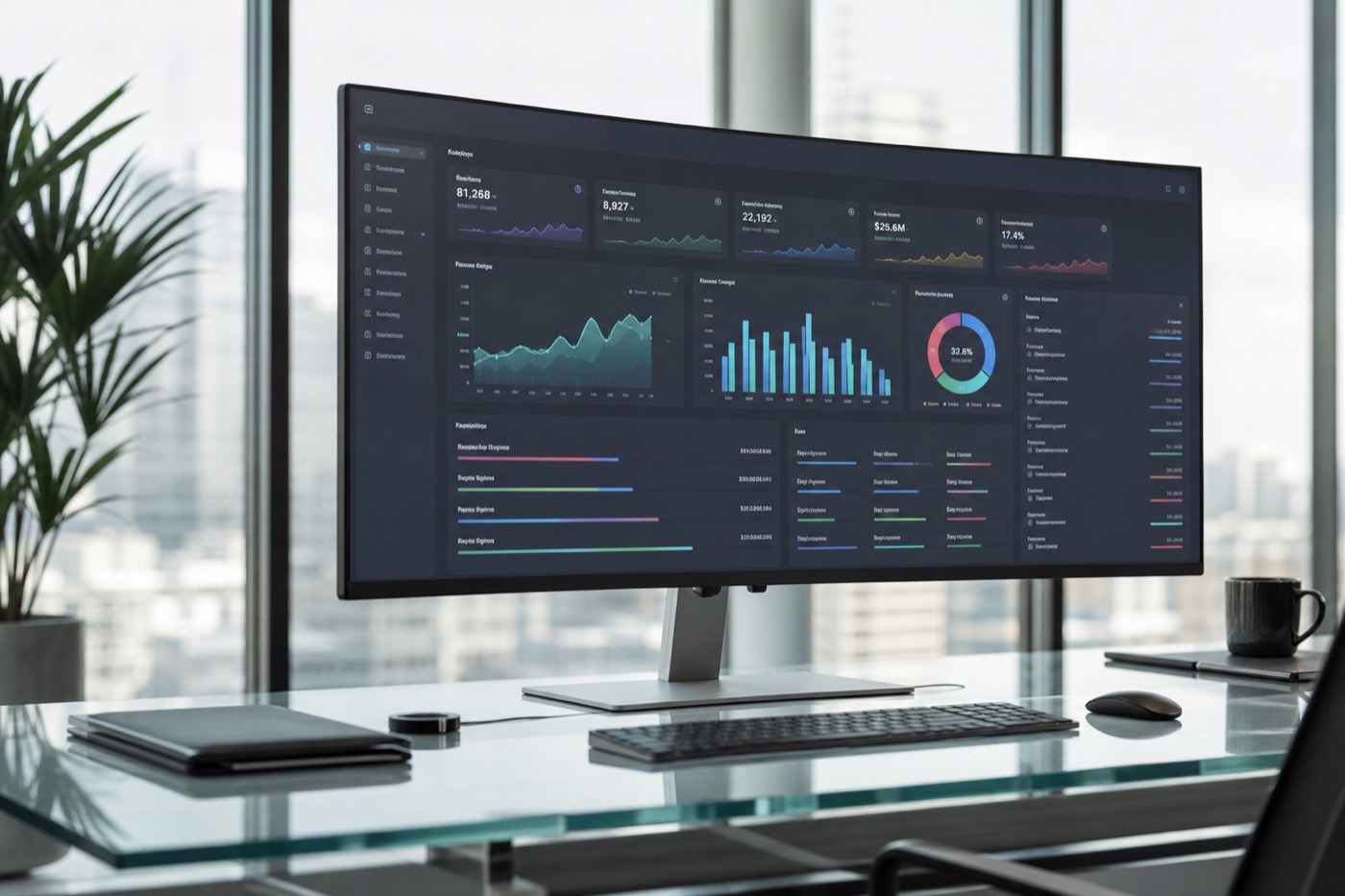 Executive analytics dashboard displaying site health on a wide monitor