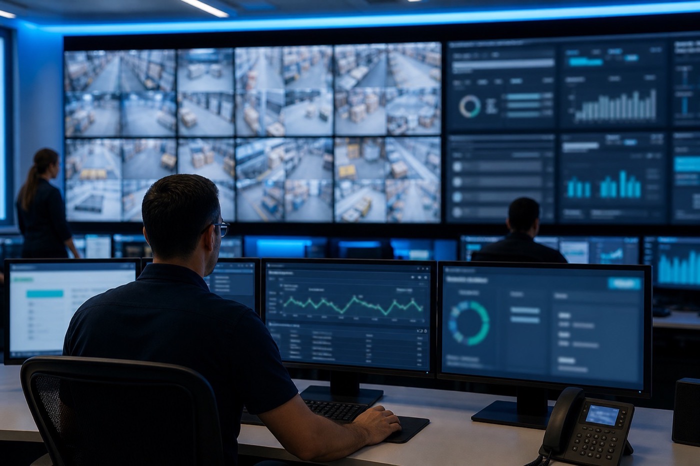 Operations control room with live camera feeds and workflow monitors