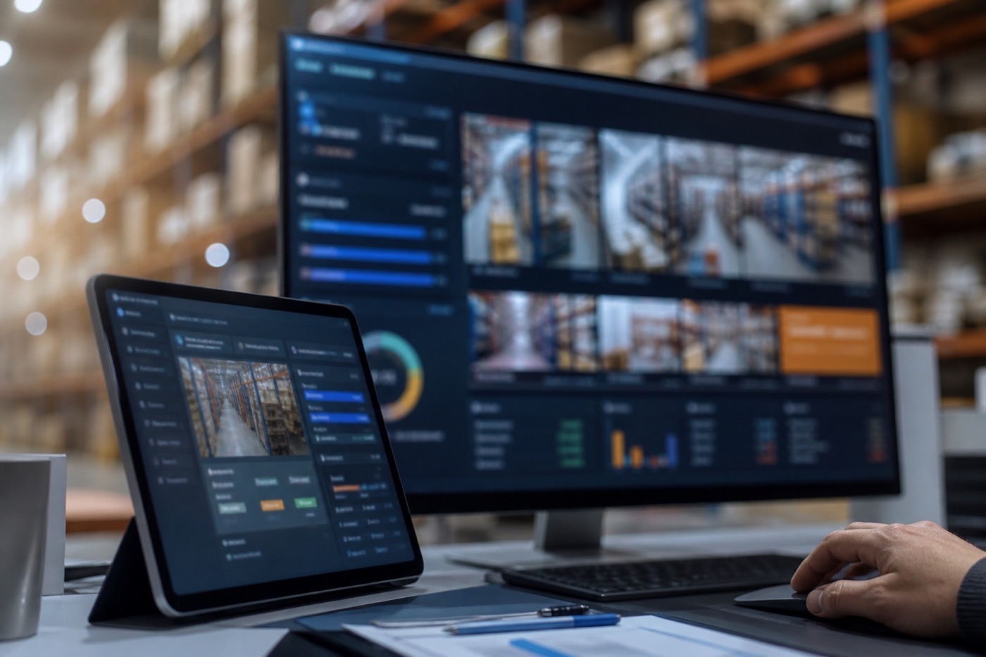 Warehouse supervisor reviewing an AnomaAI operations dashboard on tablet and monitor