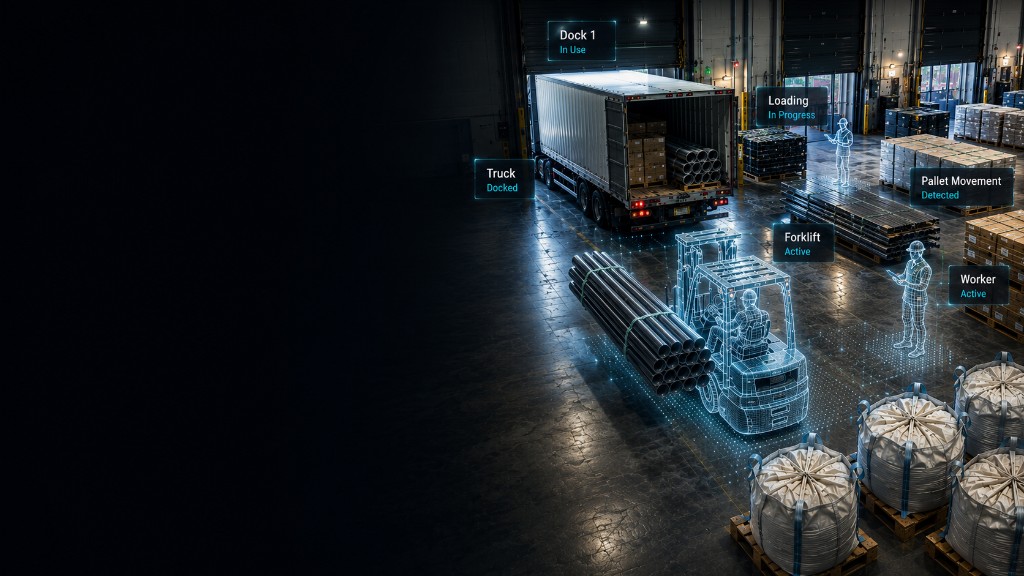 Operational loading dock scene with forklift, truck, and workers